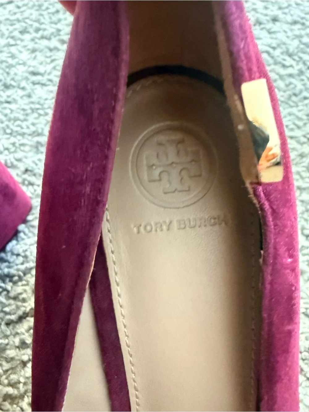 Tory Burch Plum Suede Round-Toe Heels with Gold Logo Accent